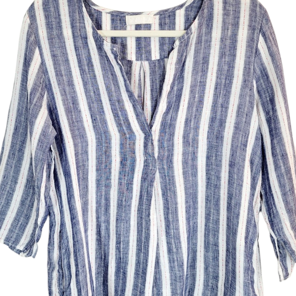 CP SHADES Blue White Red Striped Linen Split Neck Hi Lo Hem Oversized Tunic Top - Picture 2 of 9